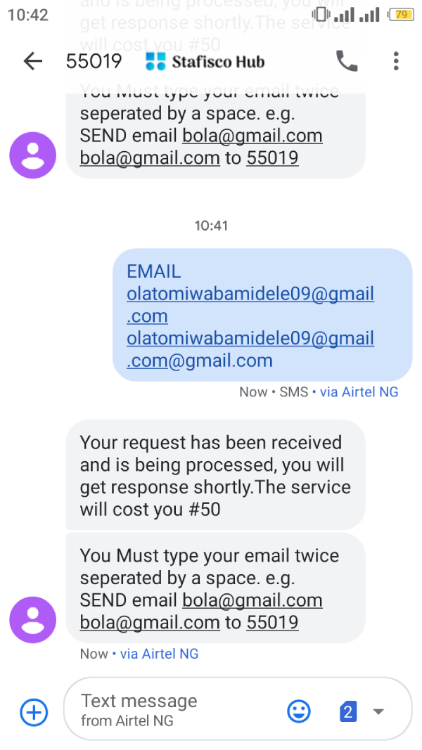 link email to jamb by sms using mobile phone