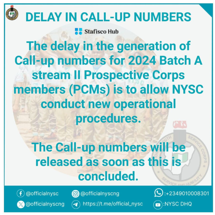 Reason for the delay in nysc call-up numbers 2024 Batch A Stream 2